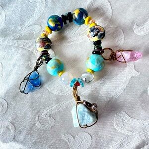 Artisan Charm Bracelet Aventurine and Hand Painted Wood Beads, Glass 0815 P